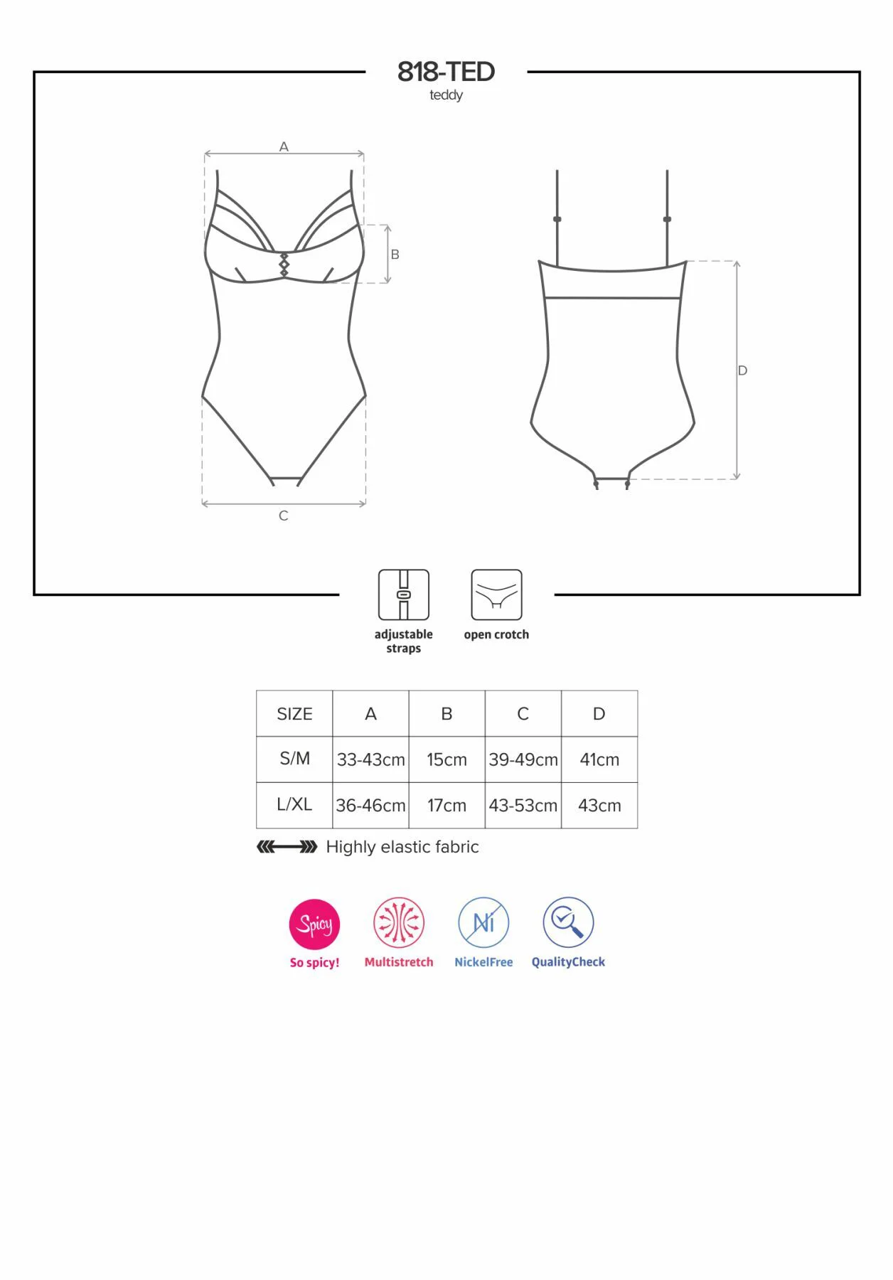 Мереживне боді Obsessive 818-TED-1 чорне XS/S