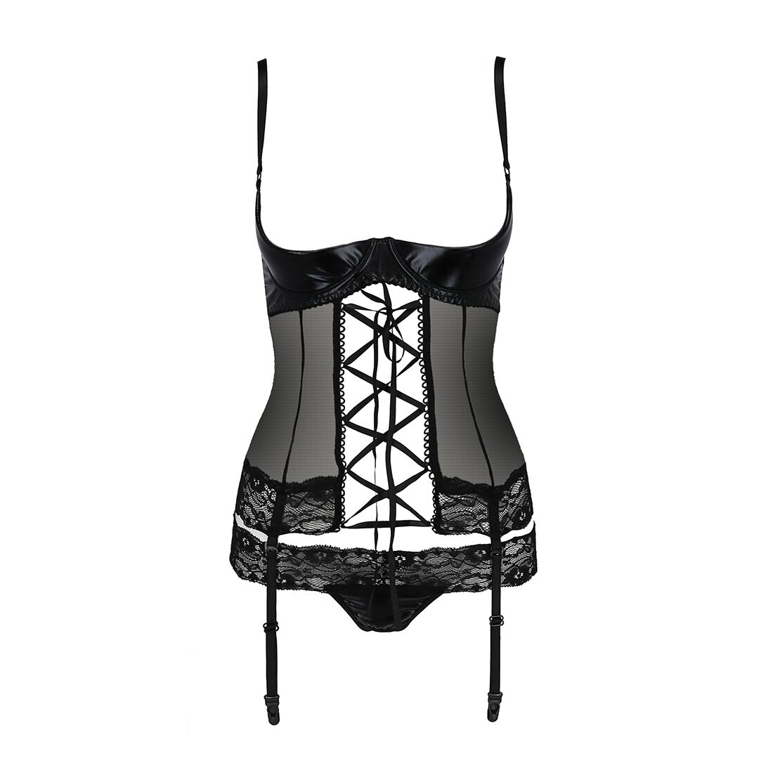 Корсет з відкритими грудьми Passion Exclusive NORTH CORSET L/XL, black, пажі, трусики, шнурівка - Зображення 5