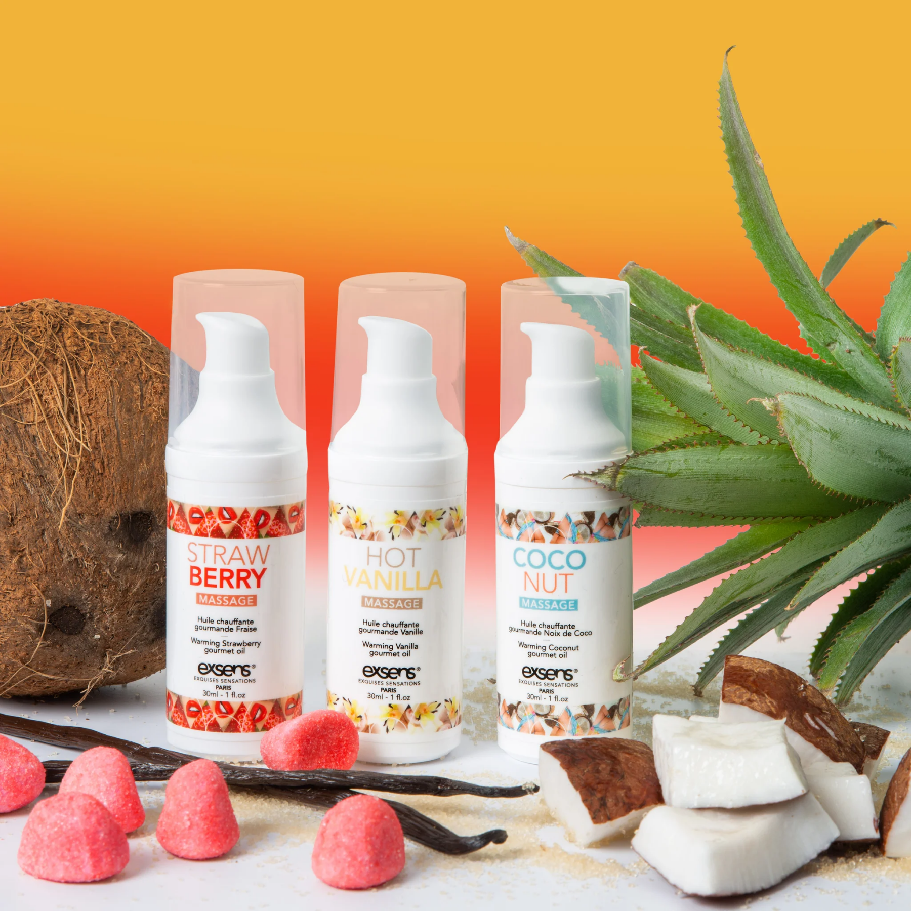 Набір розігрівальних масажних олій EXSENS Lets Travel (3х30 мл): кокос, полуниця і ваніль - Зображення 4