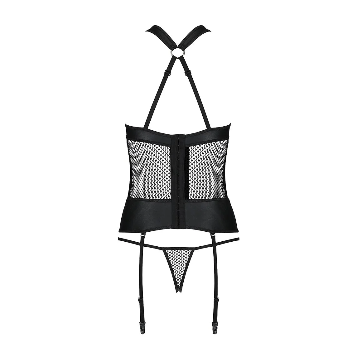 Сітчастий комплект корсет з халтером, зйомні підв'язки та трусики Passion AMANDA CORSET L/XL, black - Зображення 6