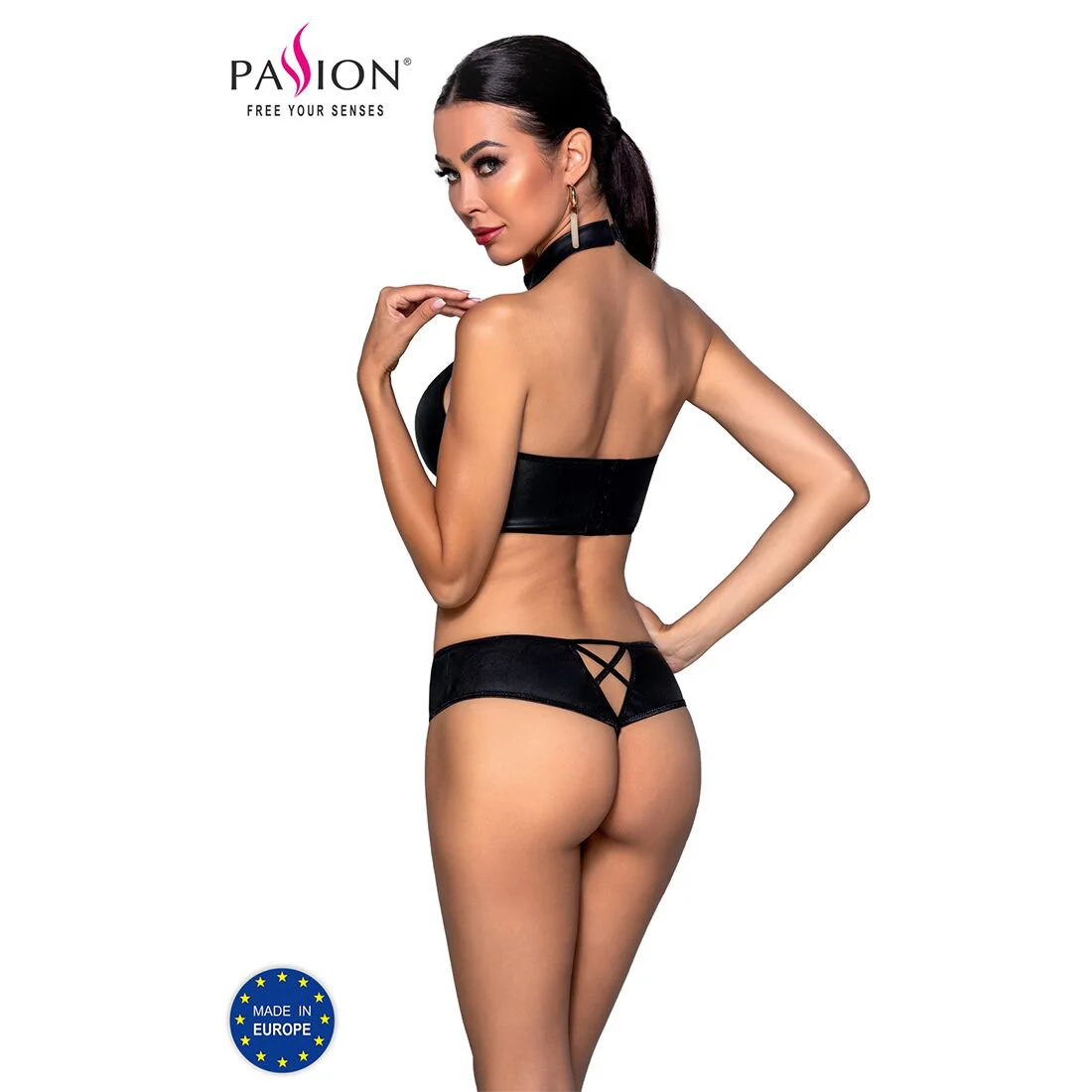 Комплект з еко-шкіри Passion NANACY BIKINI XXL/XXXL, black, бра та трусики з імітацією шнурівки - Зображення 2