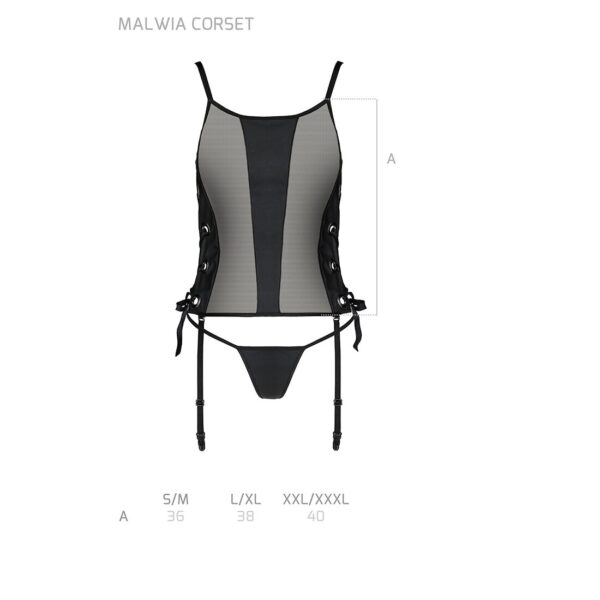 Сітчастий корсет з люверсами та знімними пажами Passion MALWIA CORSET L/XL black, екошкіра, стрінги - Зображення 7
