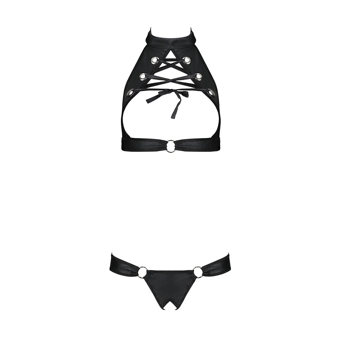 Комплект відкритий топ та трусики з екошкіри з люверсами Passion MALWIA SET OpenBra XXL/XXXL, black - Зображення 3