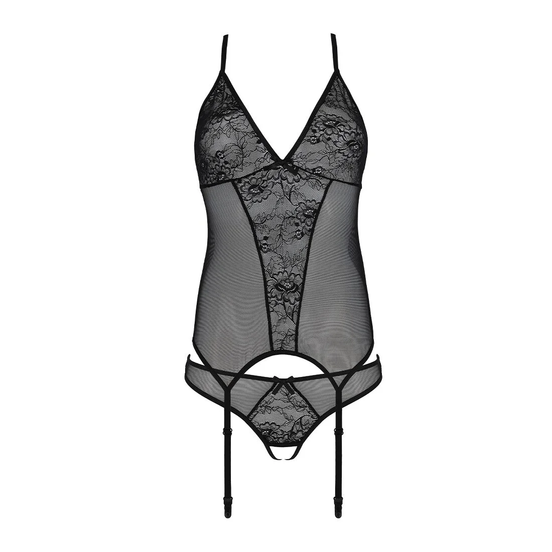 Корсет із пажами, трусики з ажурним декором та відкритим кроком Passion URSULA CORSET L/XL, black - Зображення 4
