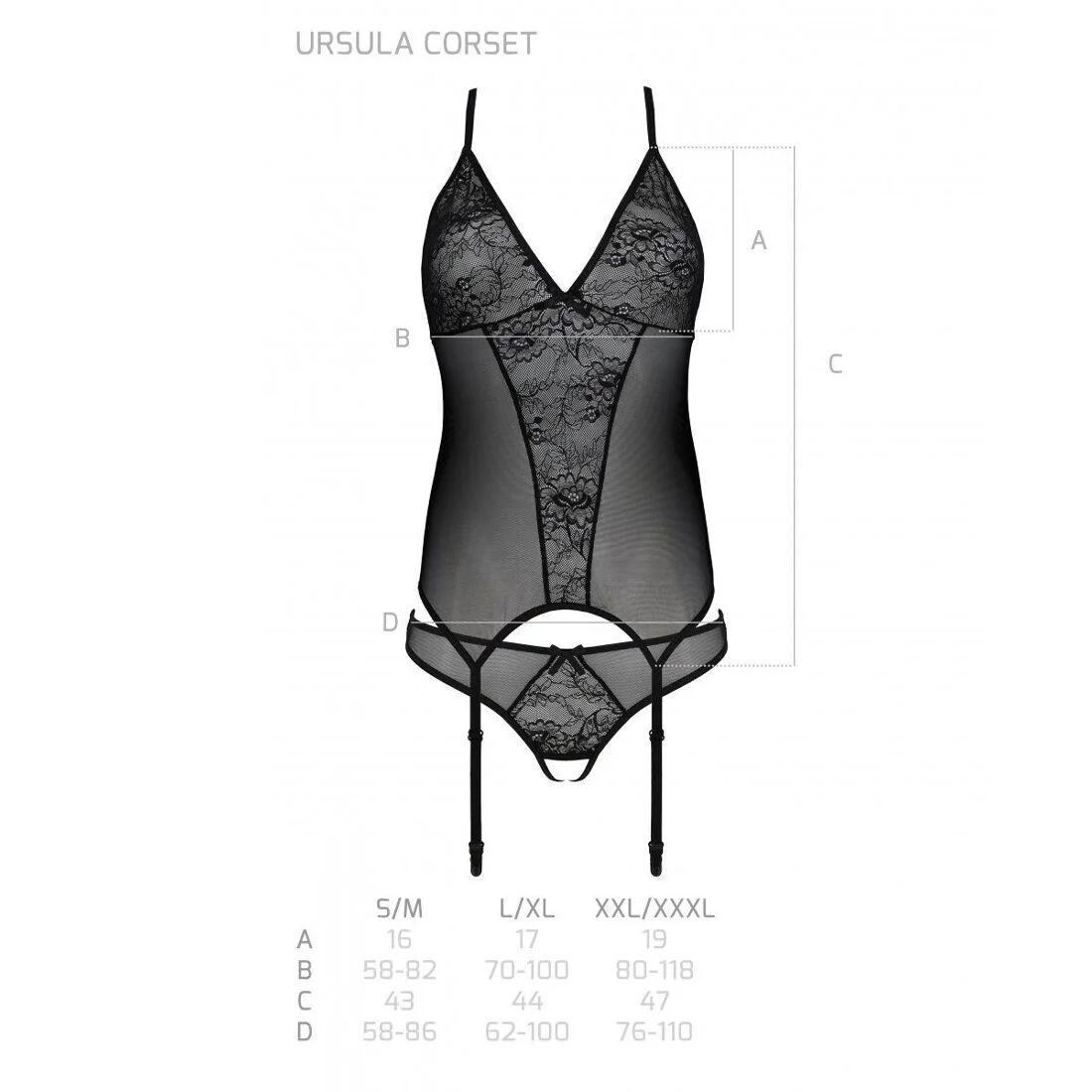 Корсет із пажами, трусики з ажурним декором та відкритим кроком Passion URSULA CORSET XXL/XXXL black - Зображення 6