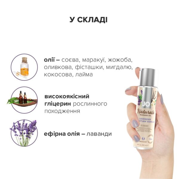 Масажна олія JO Naturals Massage Oil Lavender&Vanilla з натуральними ефірними оліями (120 мл) - Зображення 4