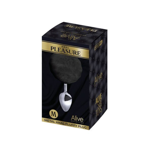 Металева анальна пробка Кролячий хвостик Alive Fluffy Plug M Black, діаметр 3,4 см - Зображення 2
