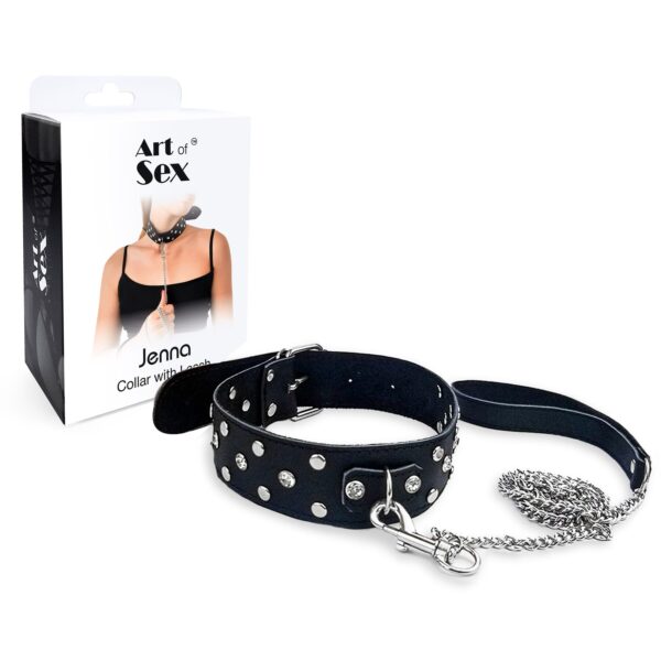 Нашийник з повідцем із натуральної шкіри із заклепками Art of Sex - Jenna Collar with Leash, чорний - Зображення 3