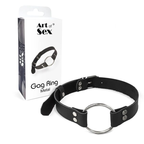 Кляп металеве кільце на ременях Art of Sex – Gag Ring Metal, чорний, натуральна шкіра - Зображення 3