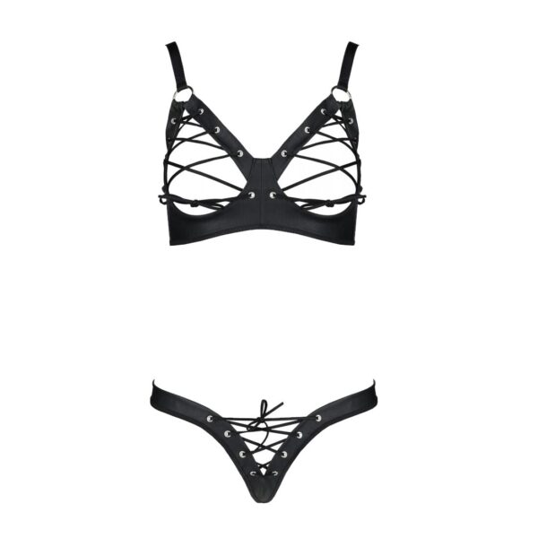 Комплект з екошкіри Passion CELINE BIKINI 6XL/7XL black, відкритий бра, стрінги зі шнурівкою - Зображення 3