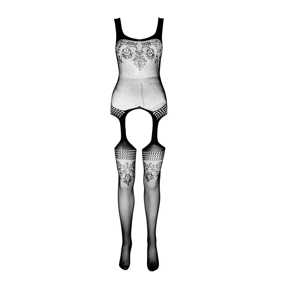 Бодістокінг Passion ECO BS008 black, з доступом, флористичний декор, імітація підв’язок - Зображення 3