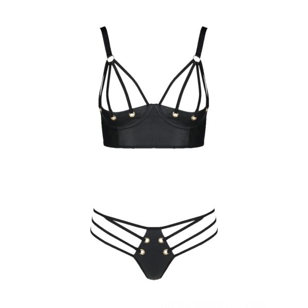 Комплект з екошкіри Passion MALWIA BIKINI 4XL/5XL black, з люверсами та ремінцями, бра, трусики - Зображення 3