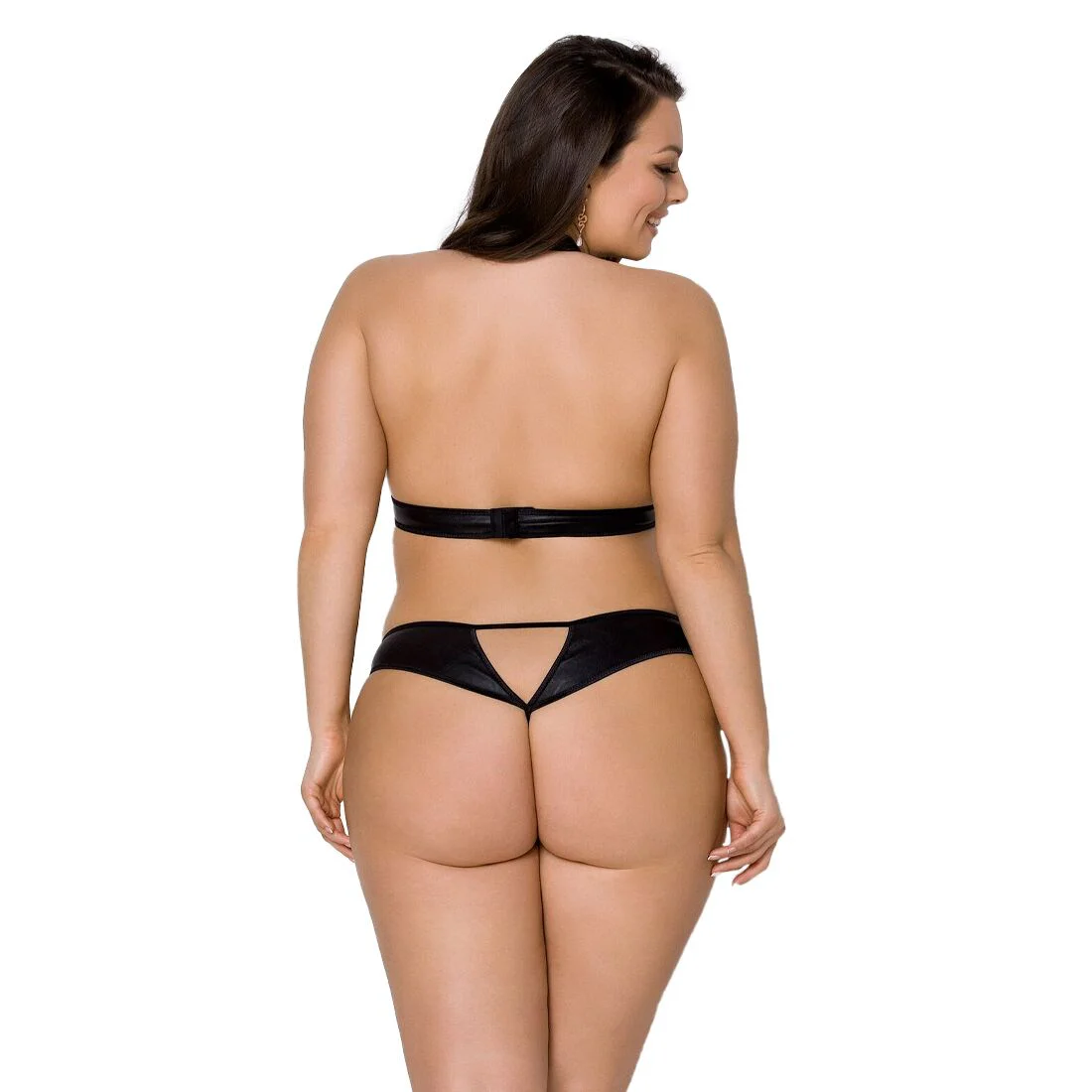 Комплект із екошкіри Passion MALWIA SET with Open Bra 4XL/5XL black, топ та трусики з люверсами - Зображення 2