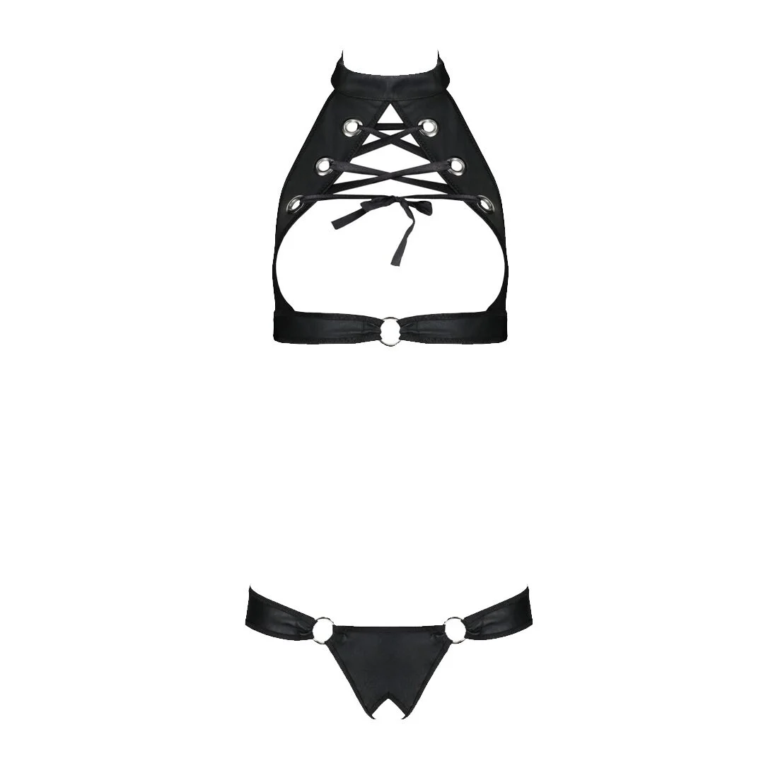 Комплект із екошкіри Passion MALWIA SET with Open Bra 4XL/5XL black, топ та трусики з люверсами - Зображення 3