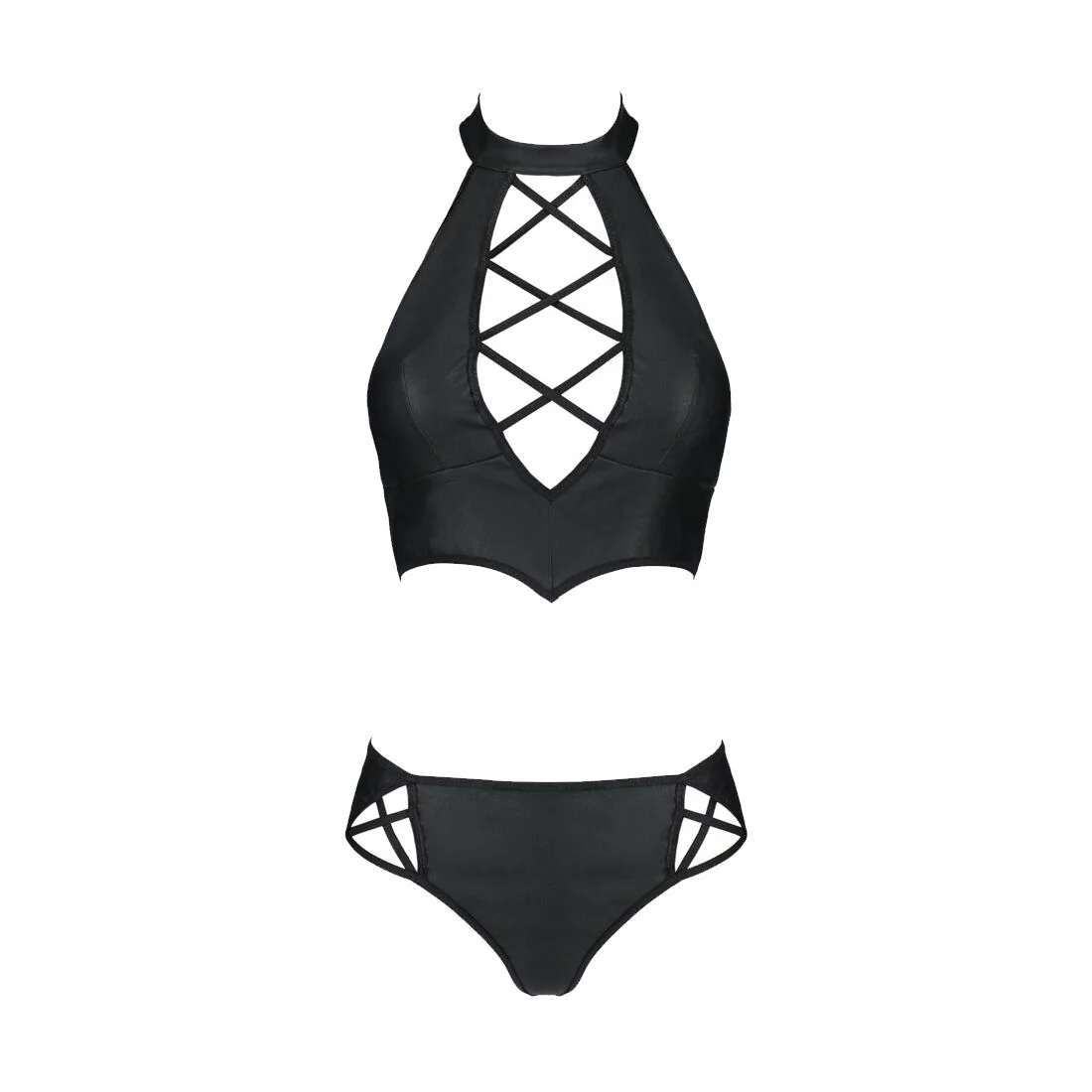 Комплект з екошкіри Passion NANACY BIKINI 4XL/5XL black, бра та трусики з імітацією шнурівки - Зображення 3