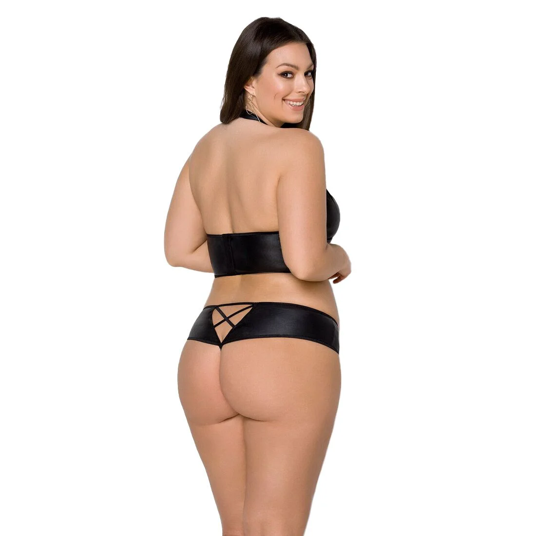 Комплект з екошкіри Passion NANACY BIKINI 4XL/5XL black, бра та трусики з імітацією шнурівки - Зображення 2