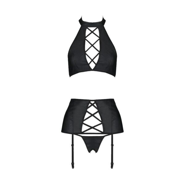 Комплект із екошкіри Passion NANCY SET 6XL/7XL black, імітація шнурівки, топ, пояс для панчіх - Зображення 3