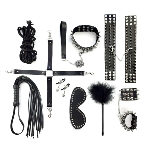 BDSM-набір Art of Sex – Spikes BDSM Set Leather, 10 предметів, чорний, натуральна шкіра - Зображення 2