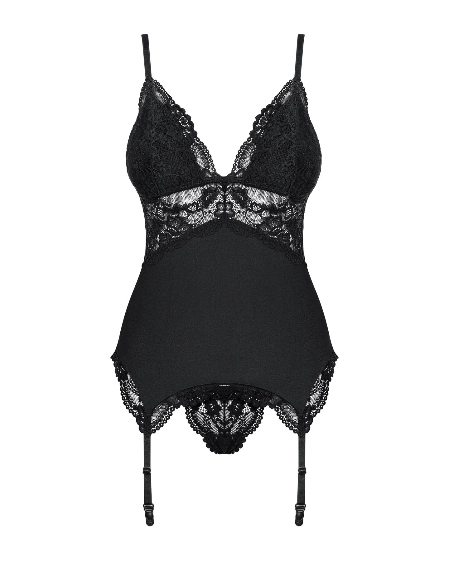 Сатиновий мереживний корсет Obsessive 810-COR-1 babydoll & thong L/XL, чорний, корсет, танга - Зображення 5