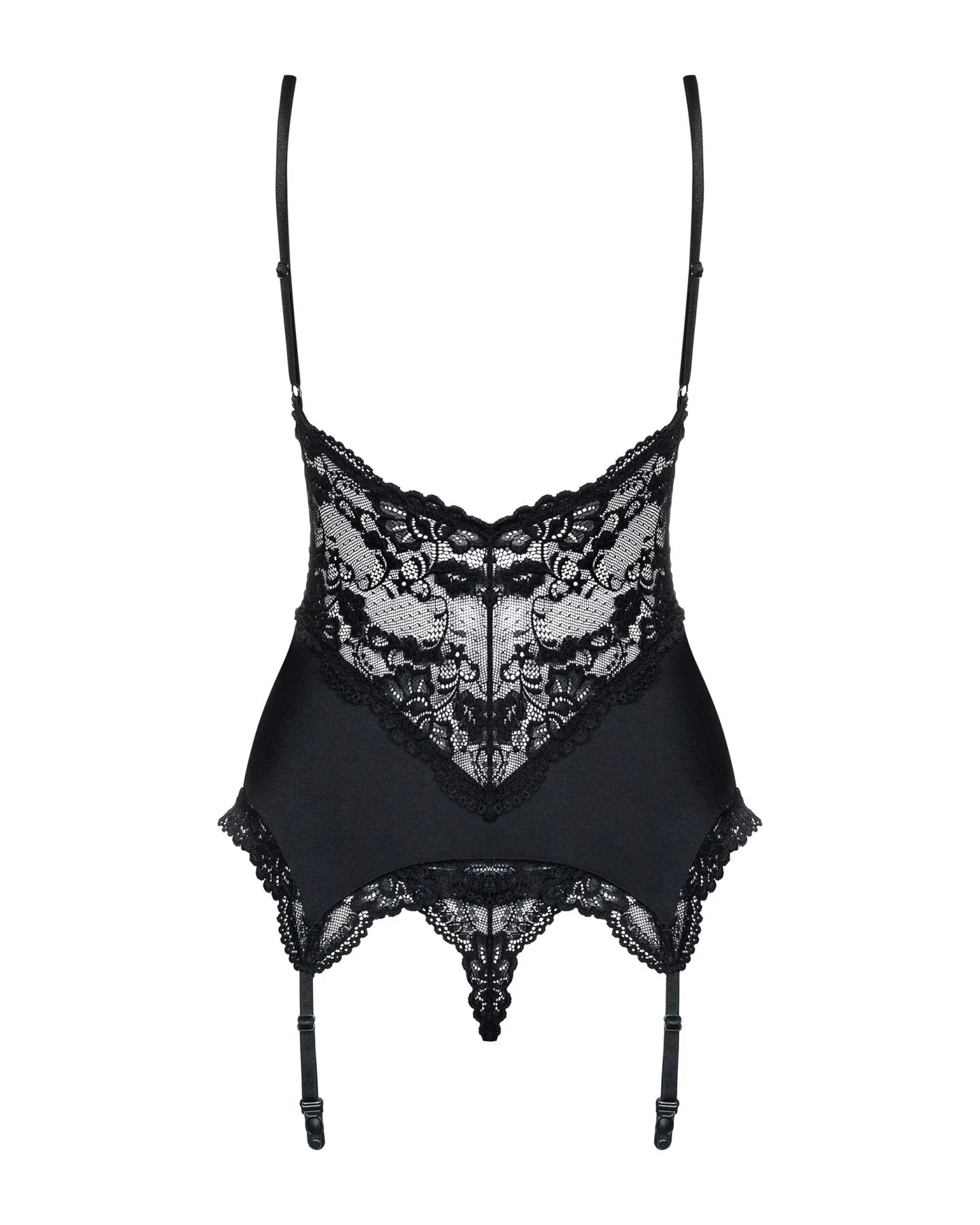 Сатиновий мереживний корсет Obsessive 810-COR-1 babydoll & thong L/XL, чорний, корсет, танга - Зображення 6