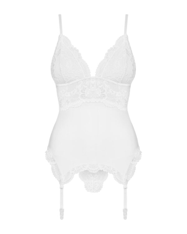 (SALE) Сатиновий мереживний корсет Obsessive 810-COR-2 babydoll & thong S/M, білий, корсет, танга - Зображення 5
