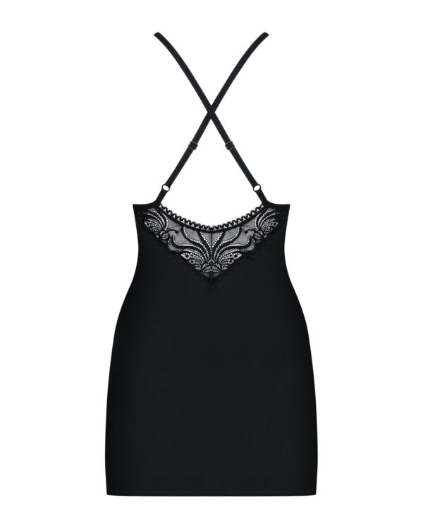 (SALE) Сатиновий комплект для сну з мереживом Obsessive 828-CHE-1 chemise & thong L/XL, чорний, сорочка - Зображення 6