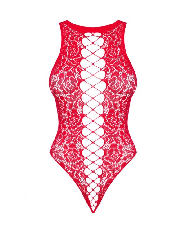 (SALE) Ажурний бодістокінг із ефектом шнурівки Obsessive B120 teddy red S/M/L, червоний - Зображення 5