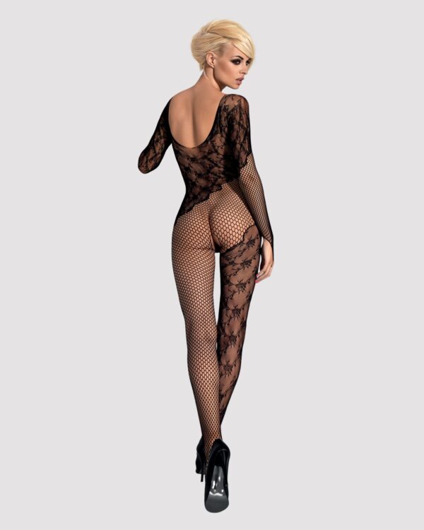 (SALE) Бодістокінг Obsessive Bodystocking F210 S/M/L black, рукава-мітенки, сітка, кольорове мереживо - Зображення 5