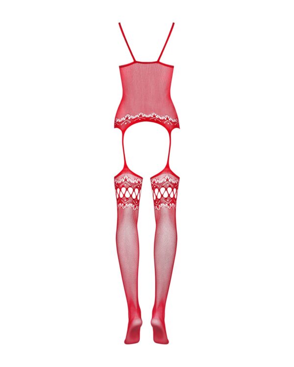 (SALE) Бодістокінг Obsessive Bodystocking F214 red S/M/L, імітація корсета та панчіх на підв’язках - Зображення 6