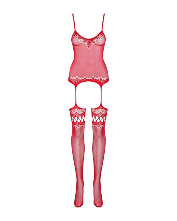 (SALE) Бодістокінг Obsessive Bodystocking F214 red S/M/L, імітація корсета та панчіх на підв’язках - Зображення 5