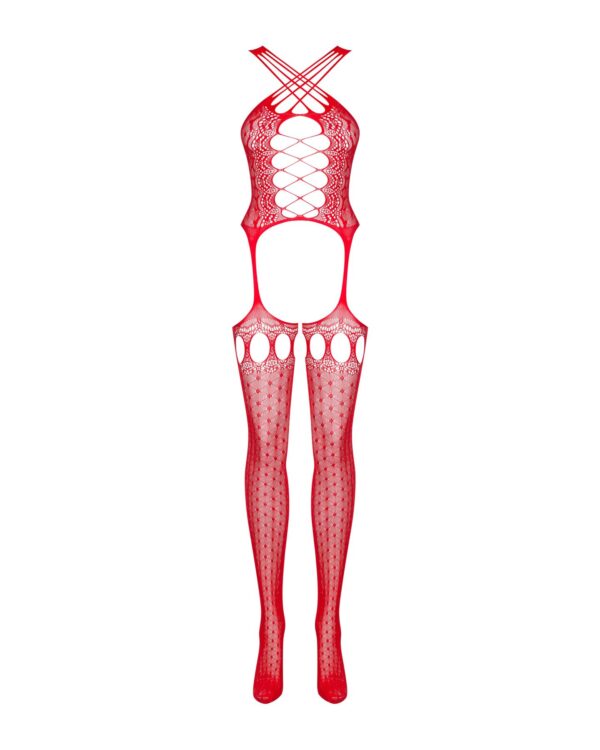(SALE) Бодістокінг Obsessive Bodystocking G313 S/M/L red, шнурівка, геометричний декор - Зображення 5