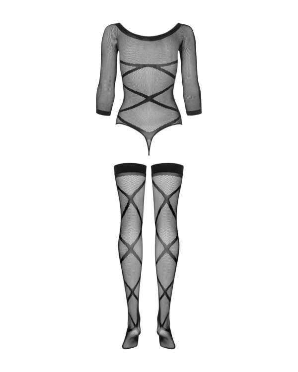 (SALE) Бодістокінг Obsessive Bodystocking G320 S/M/L, панчохи, боді, декор у вигляді ліній - Зображення 6