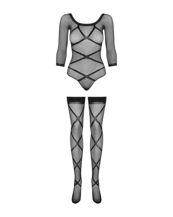 (SALE) Бодістокінг Obsessive Bodystocking G320 S/M/L, панчохи, боді, декор у вигляді ліній - Зображення 5