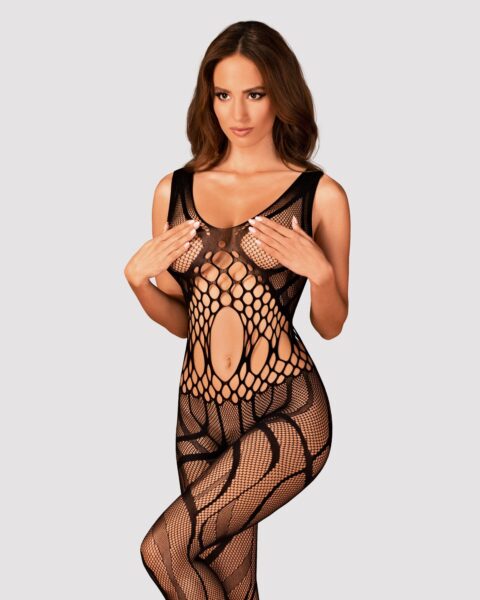 Сітчастий бодістокінг з вирізами та малюнком Obsessive Bodystocking G328 S/M/L, чорний, комбінезон