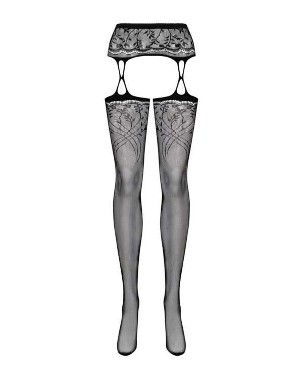 Панчохи-стокінги з рослинним малюнком Obsessive Garter stockings S206 black S/M/L чорні, імітація га - Зображення 5