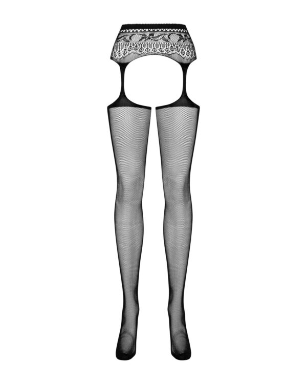 (SALE) Сітчасті панчохи-стокінги з мереживним поясом Obsessive Garter stockings S307 XL/XXL, чорні, імітаці - Зображення 5