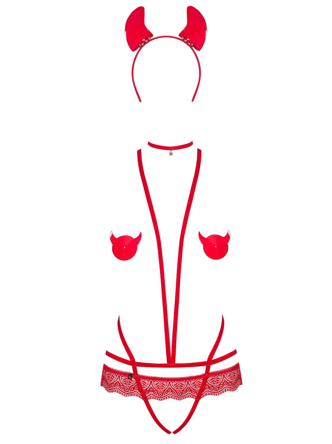 Еротичний костюм чортика зі стреп Obsessive Evilia teddy red S/M, боді, чокер, накладки на соски, обруч з ріжками - Зображення 3