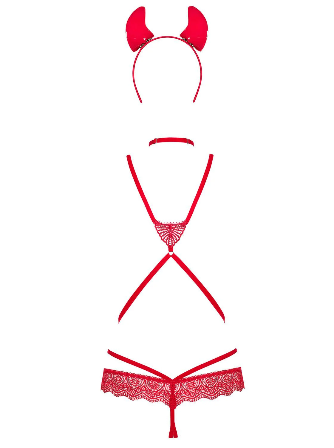 Еротичний костюм чортика зі стреп Obsessive Evilia teddy red S/M, боді, чокер, накладки на соски, обруч з ріжками - Зображення 4