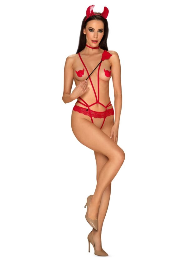 (SALE) Еротичний костюм чортика зі стреп Obsessive Evilia teddy red L/XL, боді, чокер, накладки на соски, о - Зображення 5