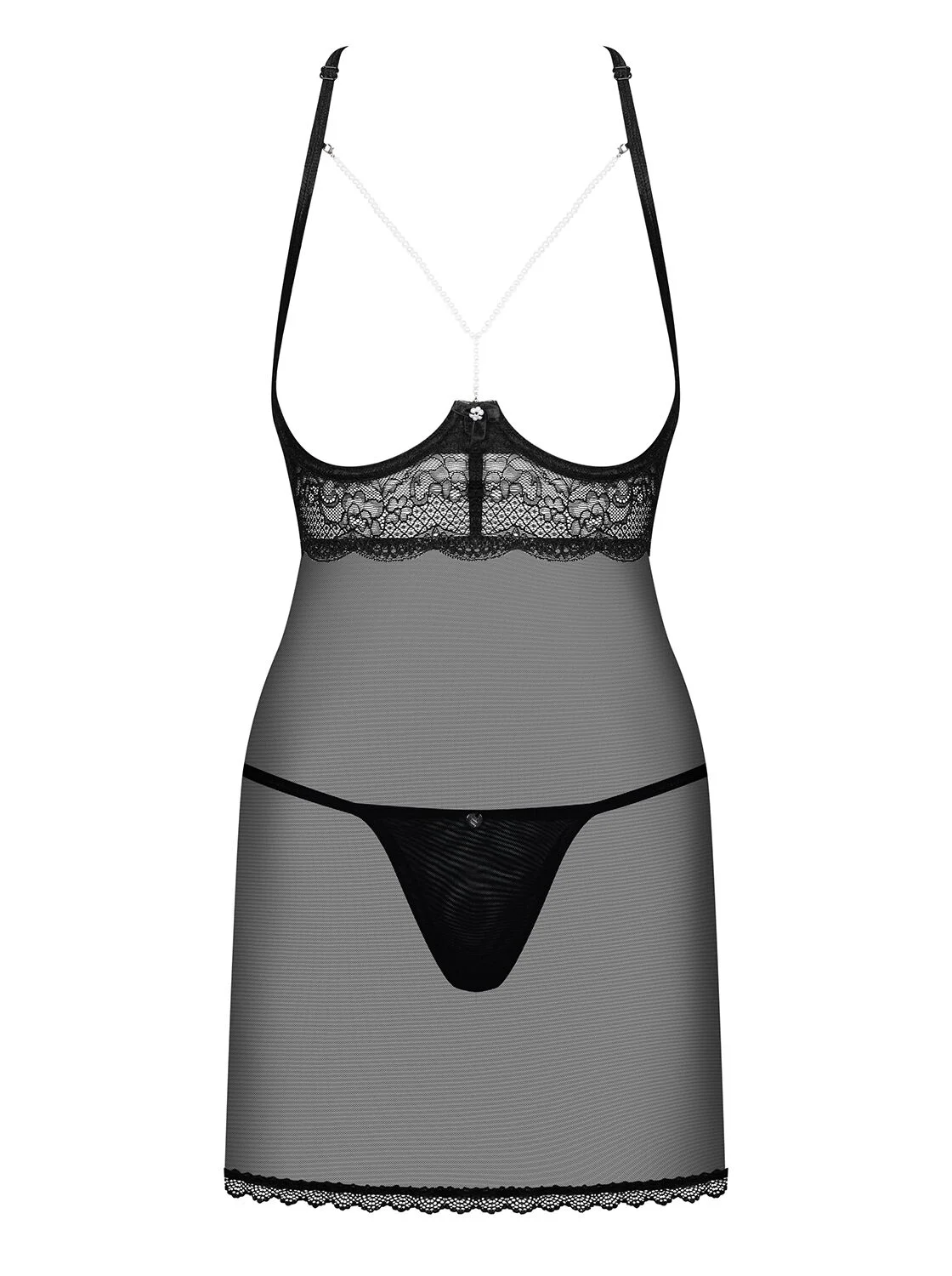Прозора сорочка з відкритими грудьми Obsessive Pearlove chemise & thong black S/M, трусики - Зображення 3