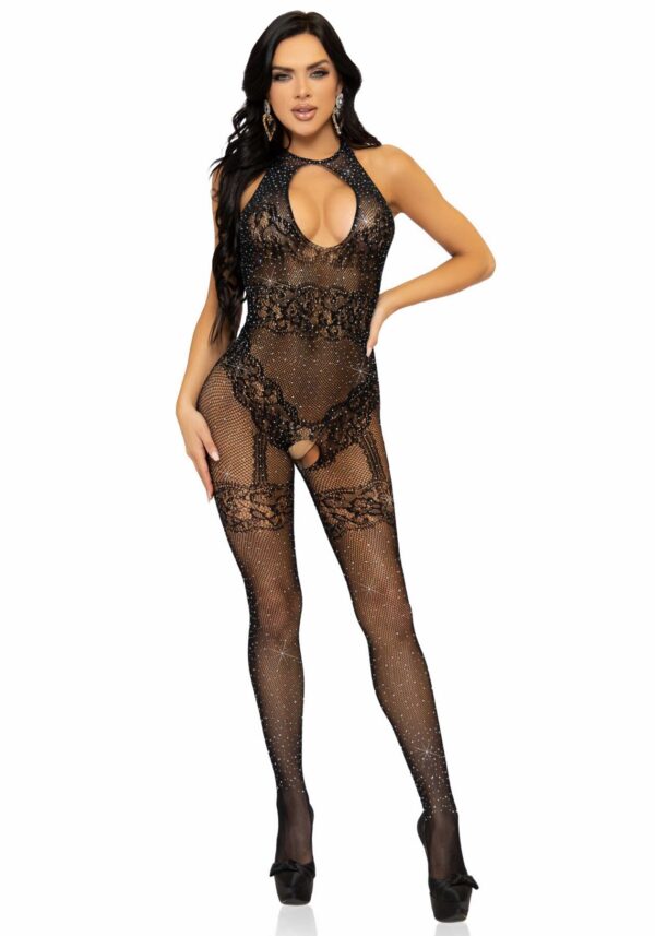 (SALE) Бодістокінг Leg Avenue Rhinestone Lace and Net Bodystocking OS Black - Зображення 3