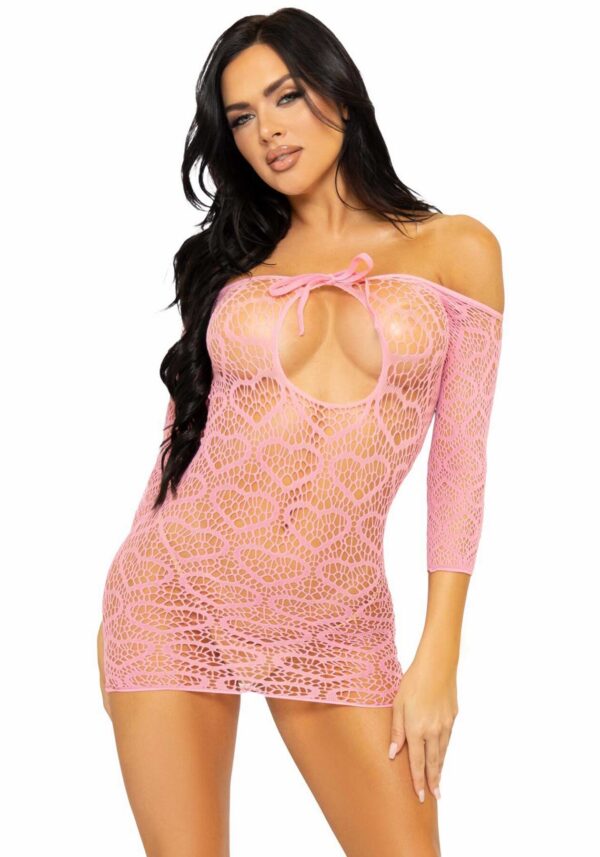 Сукня-сітка з сердечками Leg Avenue Heart net mini dress Pink, зав’язки, відкриті плечі, one size - Зображення 4