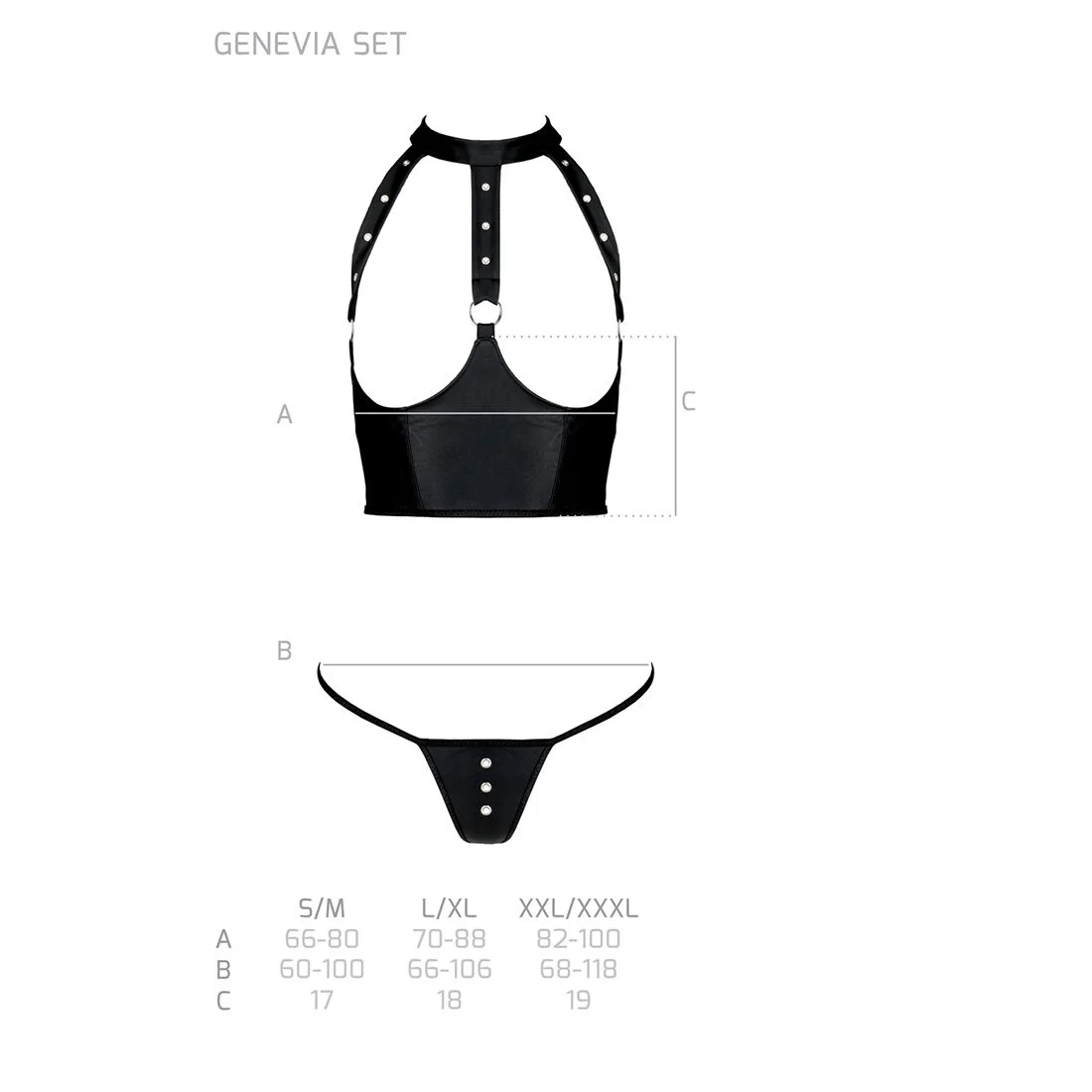Комплект білизни з відкритими грудьми Passion GENEVIA SET WITH OPEN BRA XXL/XXXL black, корсет, стрі - Зображення 5