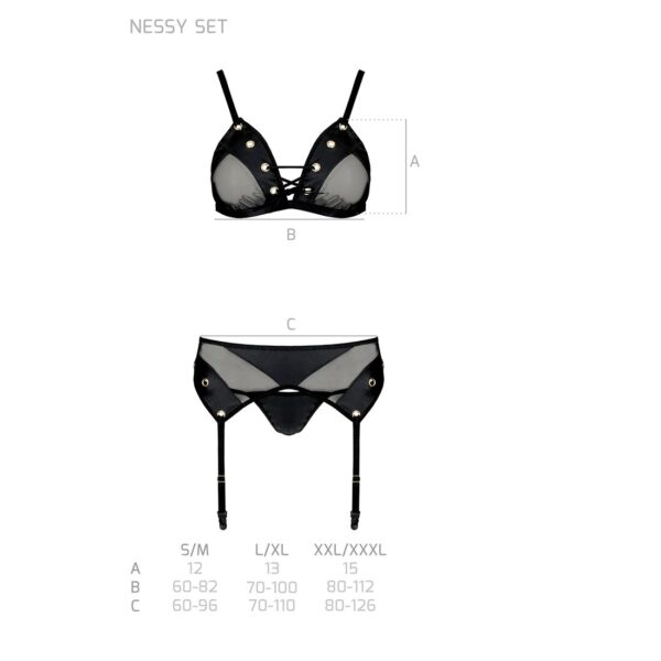 Комплект білизни Passion NESSY SET XXL/XXXL black, бюстгальтер, пояс для панчіх, стрінги - Зображення 5