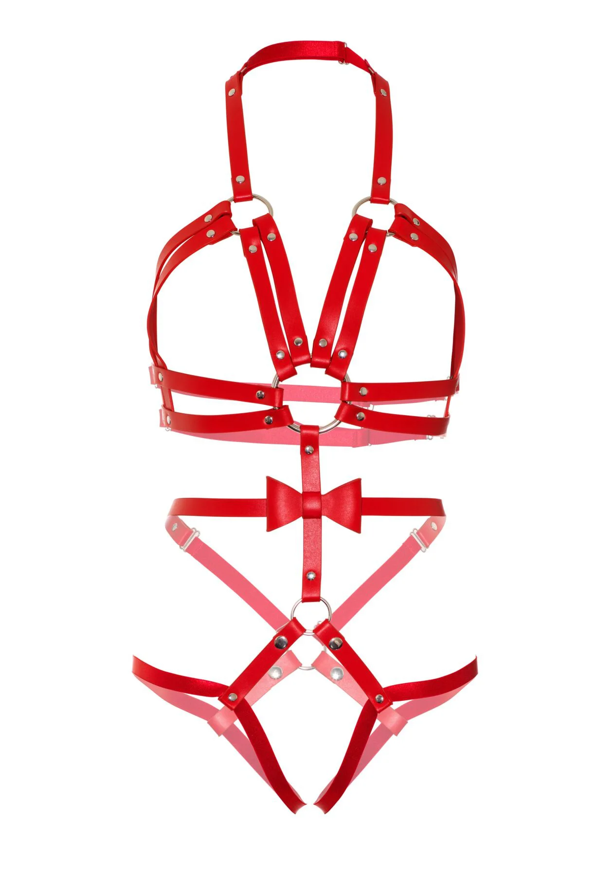 Портупея-тедді з ременів Leg Avenue Studded O-ring harness teddy S Red, екошкіра - Зображення 5