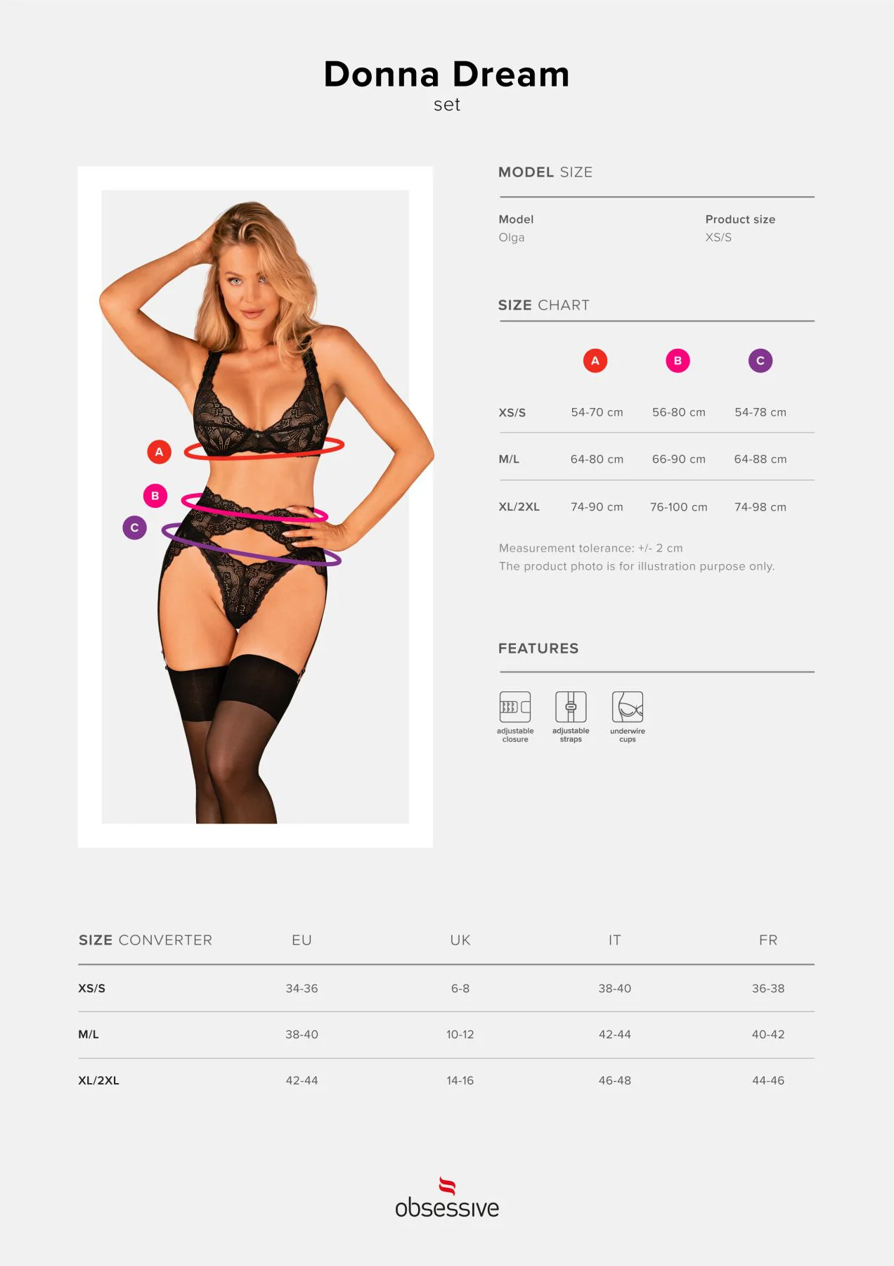 Комплект білизни Obsessive Donna Dream 3-pcs XS/S Black - Зображення 5