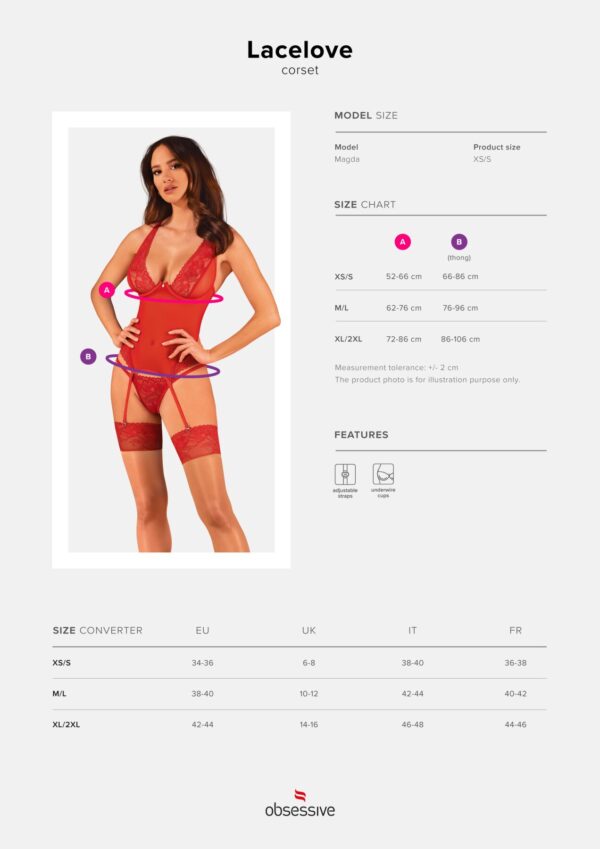 Прозорий корсет Obsessive Lacelove corset XS/S Red, мереживо, підв’язки для панчіх - Зображення 5