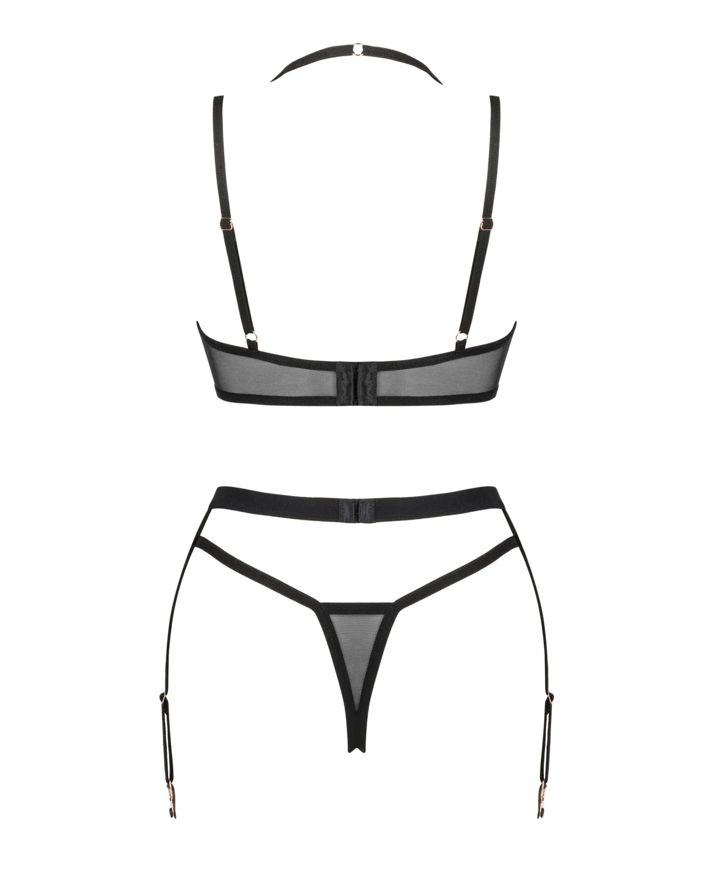 Комплект білизни Obsessive Selinne 3-pcs set M/L Black, бюстгальтер, стрінги пояс для панчіх - Зображення 4