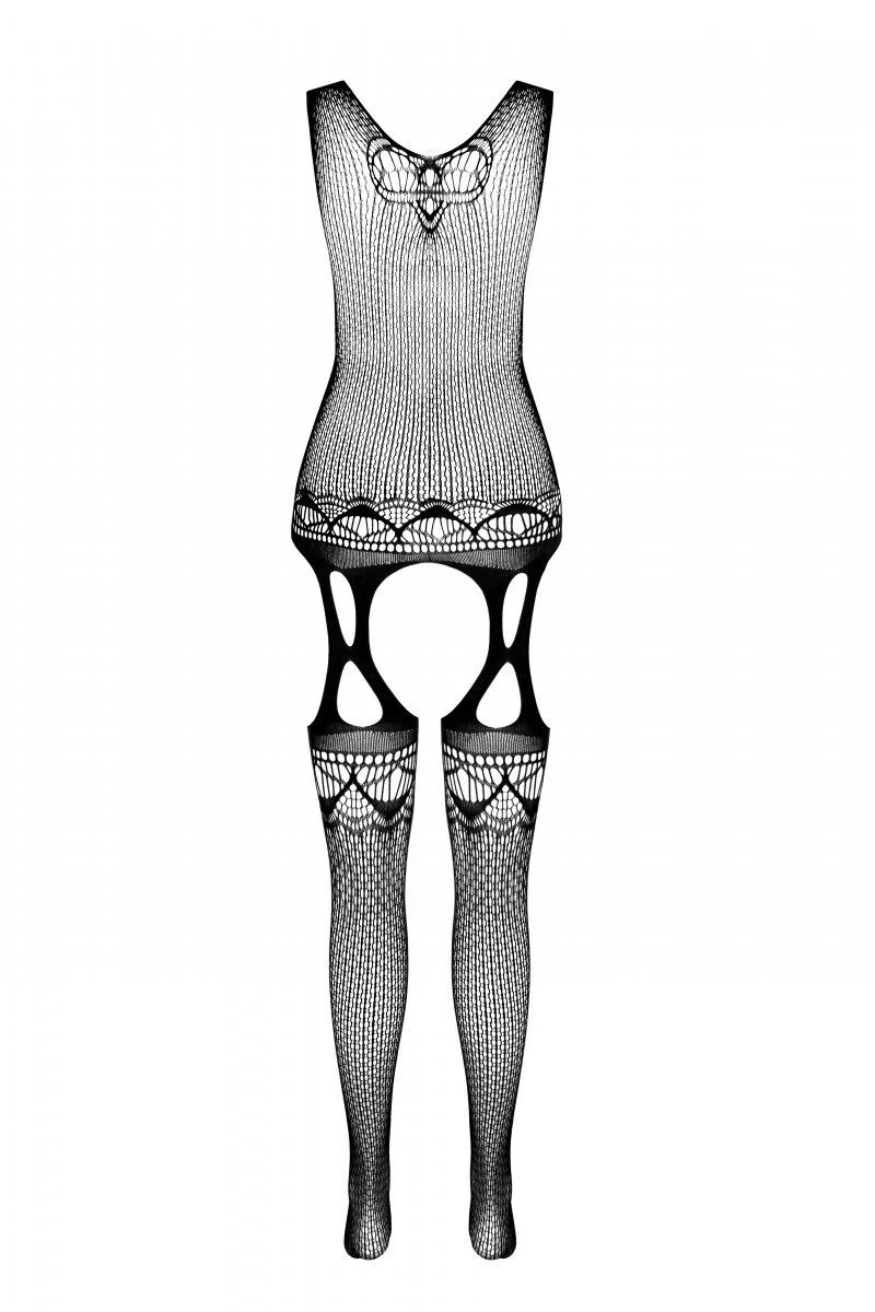 Бодістокінг з плетінням на грудях Passion BS099 One Size, black, відкритий доступ, імітація підв’язо - Зображення 4