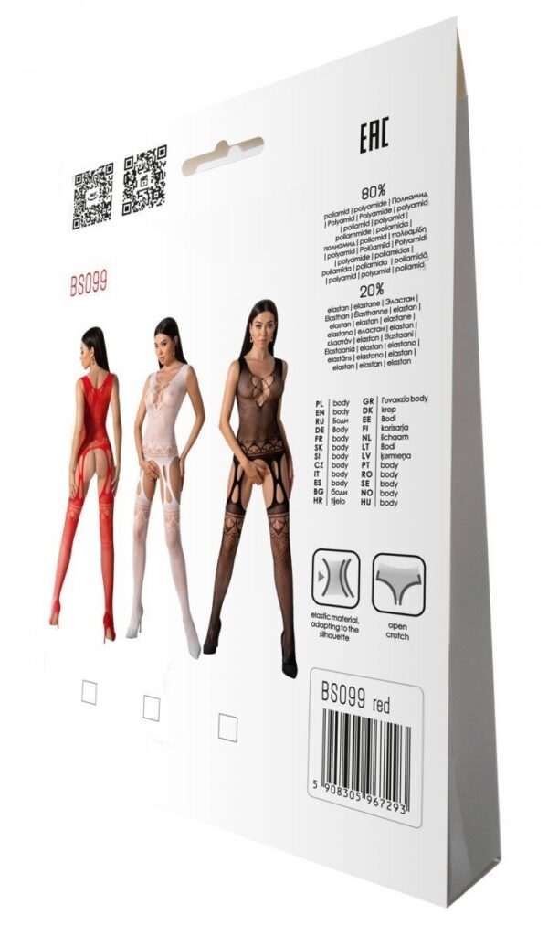 Бодістокінг з плетінням на грудях Passion BS099 One Size, red, відкритий доступ, імітація підв’язок - Зображення 7
